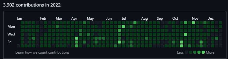 3,902 GitHub contributions in 2022 - showing dedication to the craft